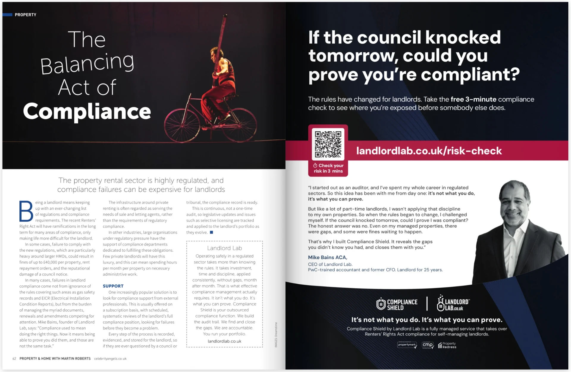 Landlord Lab's two-page feature, The Balancing Act of Compliance, in Property & Home Magazine